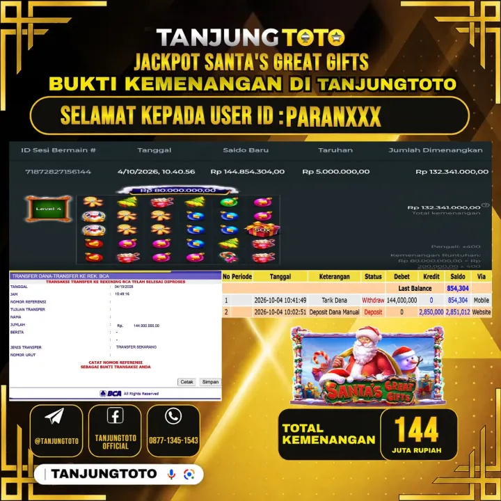 TANJUNGTOTO JACKPOT SLOT SANTA'S GREAT GIFTS Rp.144.000.000- LUNAS USER ID : PARAN***