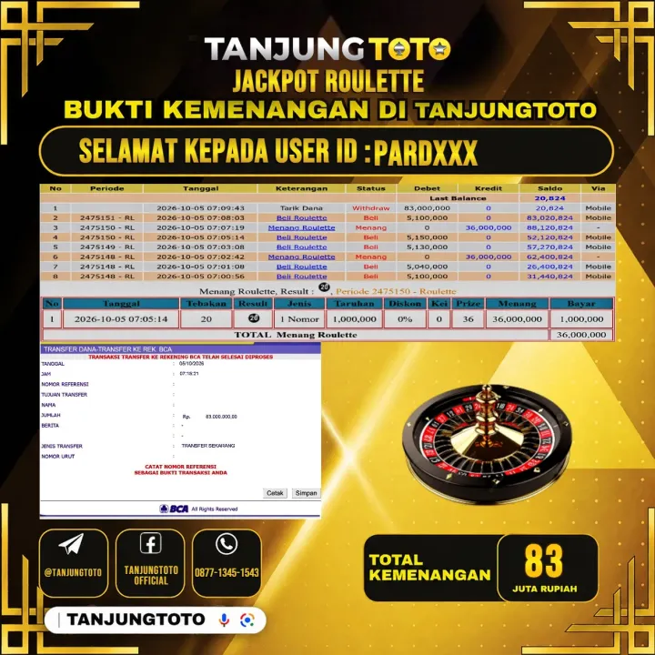 TANJUNGTOTO JACKPOT LIVE GAMES ROULETTE Rp.83.000.000- LUNAS USER ID : PARD***