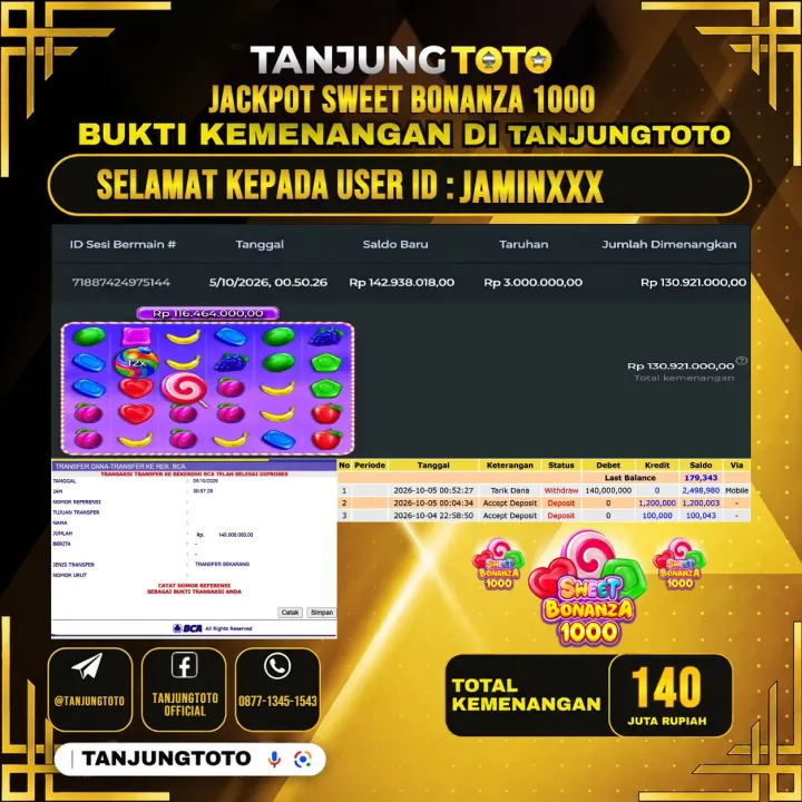 TANJUNGTOTO JACKPOT SLOT SWEET BONANZA 1000 Rp.140.000.000- LUNAS USER ID : JAMIN***