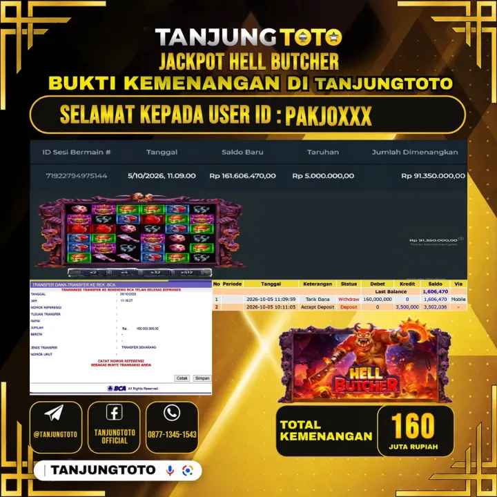 TANJUNGTOTO JACKPOT SLOT HELL BUTCHER Rp.160.000.000- LUNAS USER ID : PAKJO***