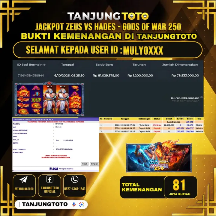 TANJUNGTOTO JACKPOT SLOT ZEUS VS HADES - GODS OF WAR 250 Rp.81.000.000- LUNAS USER ID : MULYO***