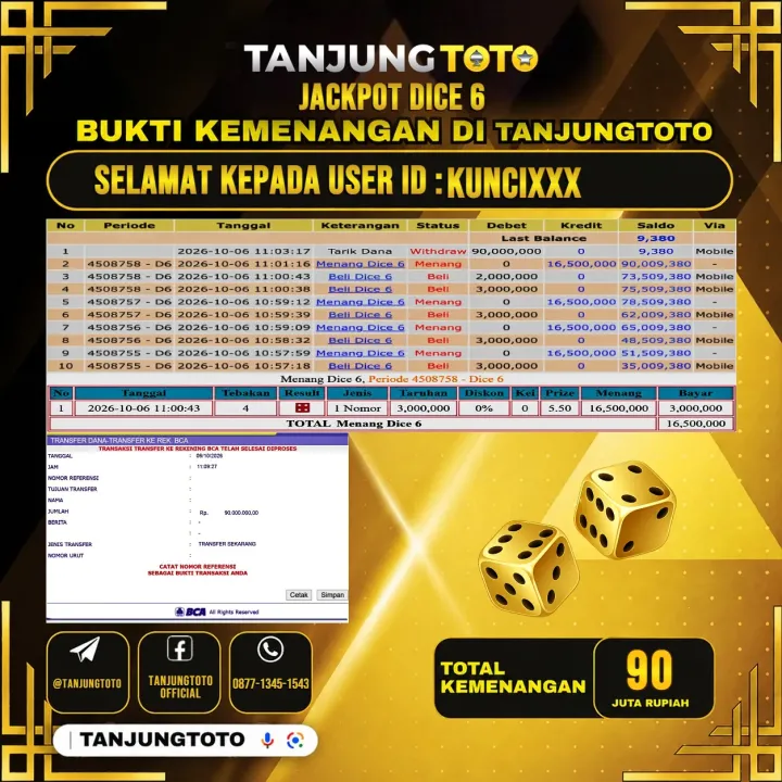 TANJUNGTOTO JACKPOT LIVE GAMES DICE 6 Rp.90.000.000- LUNAS USER ID : KUNCI***