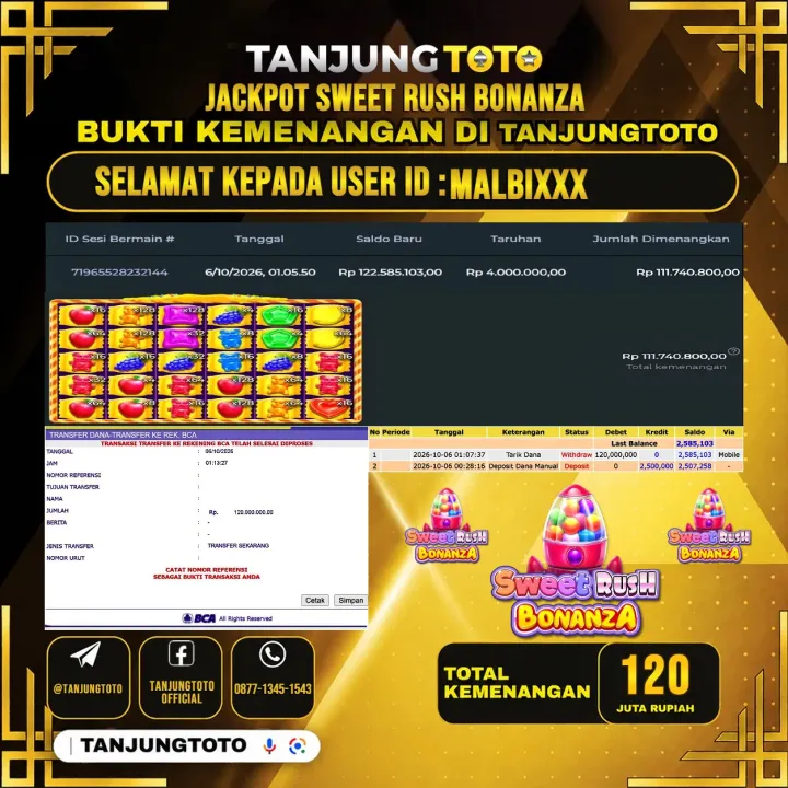 TANJUNGTOTO JACKPOT SLOT SWEET RUSH BONANZA Rp.120.000.000- LUNAS USER ID : MALBI***