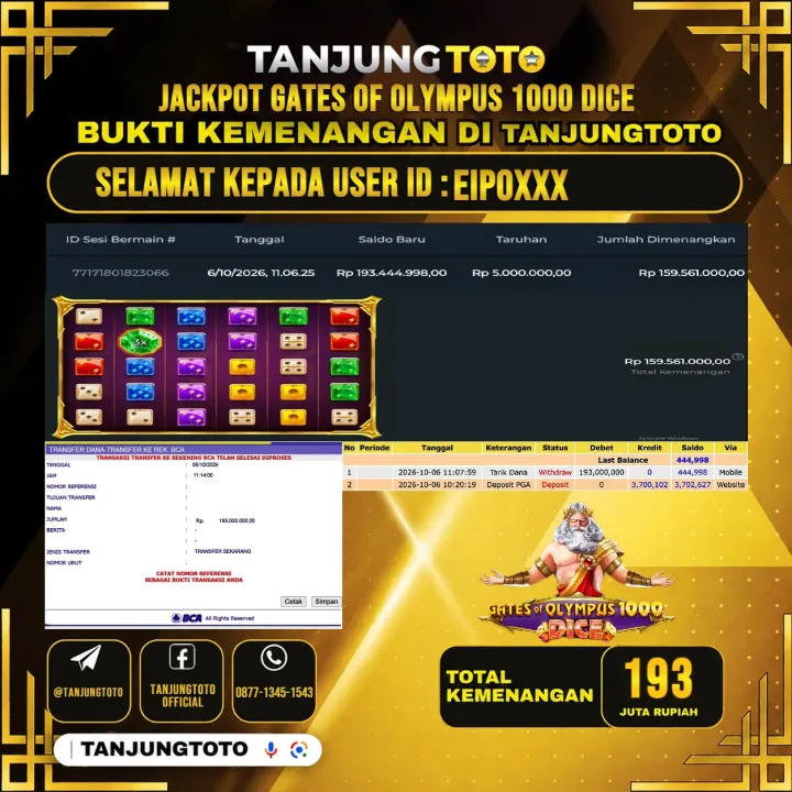 TANJUNGTOTO JACKPOT SLOT GATES OF OLYMPUS 1000 DICE Rp.193.000.000- LUNAS USER ID : EIPO***