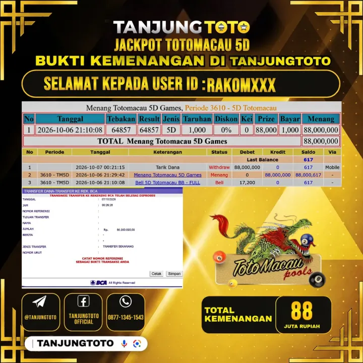 TANJUNGTOTO JACKPOT TOGEL PASARAN TOTOMACAU 5D Rp.88.000.000- LUNAS USER ID : RAKOM***