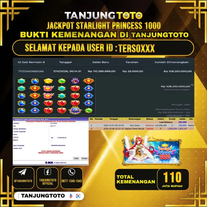 TANJUNGTOTO JACKPOT SLOT STARLIGHT PRINCESS 1000 Rp.110.000.000- LUNAS USER ID : TERSO***