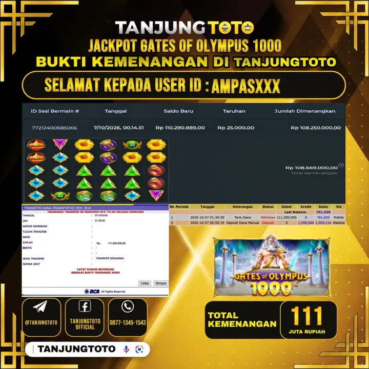 TANJUNGTOTO JACKPOT SLOT GATES OF OLYMPUS 1000 Rp.111.000.000- LUNAS USER ID : AMPAS***