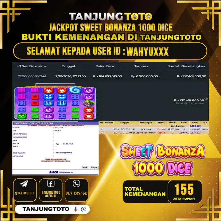 TANJUNGTOTO JACKPOT SLOT SWEET BONANZA 1000 DICE Rp.155.000.000- LUNAS USER ID : WAHYU***